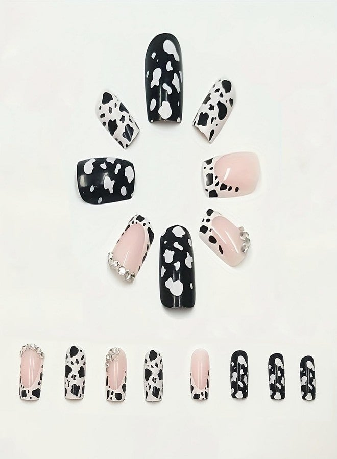 OCOUYVD 24 Pcs French Tip Press on Nails Short Square Shaped Fake Nails with Cow Print and Rhinestones Design Pink Glossy Leopard Acrylic Nails Full Cover Stick on Nail for Women Nail Manicure Decoration - Image 2